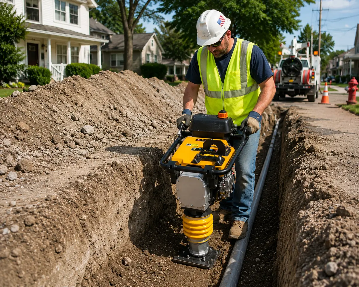 Shuanglong tamping rammer compacting an utility trench during pipeline installation in USA Shuanglong tamping rammer compacting an utility trench during pipeline installation in USA