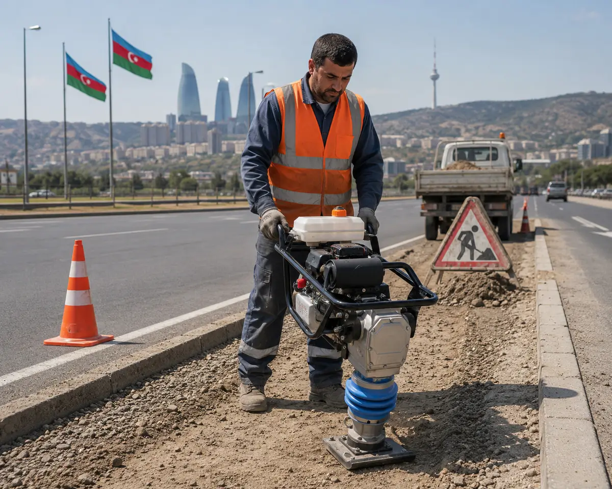 Shuanglong tamping rammer compacting road shoulders in Azerbaijan Shuanglong tamping rammer compacting road shoulders in Azerbaijan