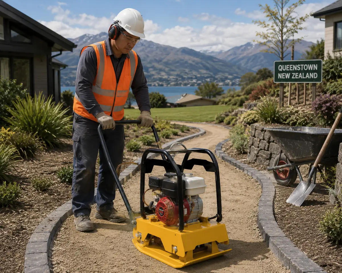 Shuanglong plate compactor compacting Landscaping pathway preparation in New Zealand Shuanglong plate compactor compacting Landscaping pathway preparation in New Zealand